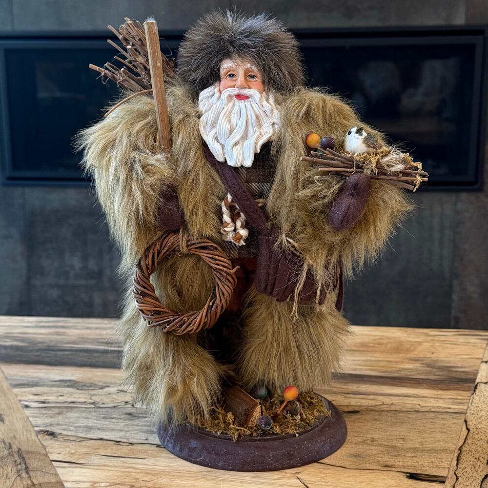 Vintage Woodland Santa Claus Figurine Faux Fur Coat Twig Staff Bird Nest 12.5”